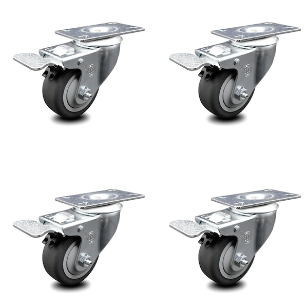 3.5 Inch Thermoplastic Rubber Swivel Top Plate Caster Set with Total Lock Brake
